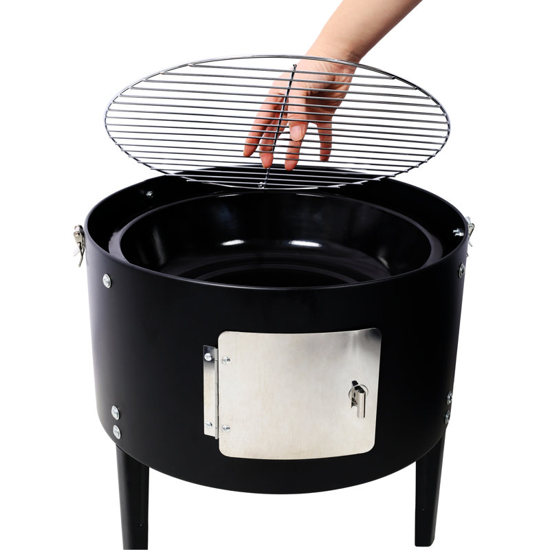 Barbecue en acier de 17 pouces avec surface de cuisson spacieuse et matériaux chauffants en noir pour fumoir d'extérieur