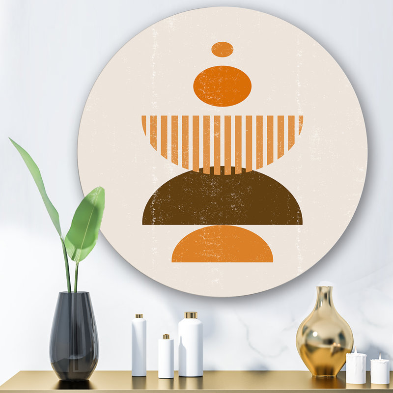 Abstrait soleil minimal et lune dans les tons de terre I - art mural moderne cercle métallique, H 11 po x l 11 po x p 1 po