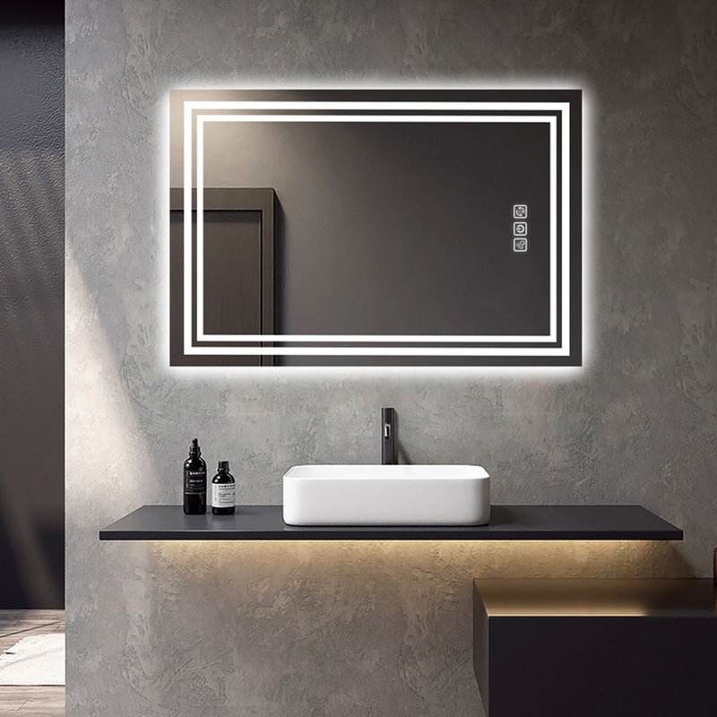 Miroir mural de salle de bain 40 po x 32 po, 5 minutes, 3 couleurs à intensité variable, Cri90 +, reflet pleine écran, miroir de salle de bain