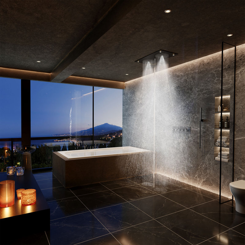 Camino 28"X15" 4-Function Flush Mounted Thermostatic Shower System with LED Light and Bluetooth Music, Matte Black