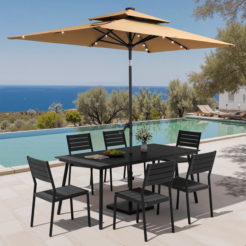 6-Person Aluminum Outdoor Dining Set With Stacking Chairs, Solar LED Light Umbrella And Weighted Base, Tan