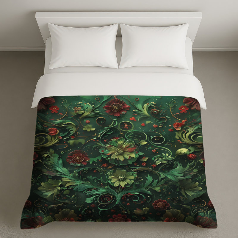 Housses de couette à motif floral vert et rouge, Lit simple