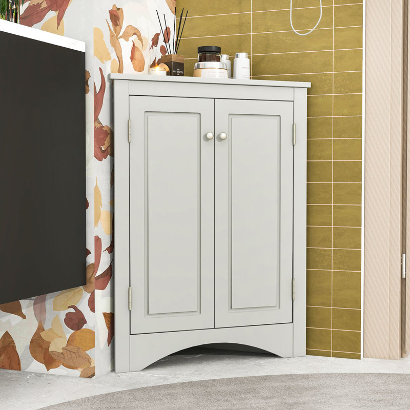 Armoire de rangement de coin de salle de bain autoportante en bois avec porte et tablettes réglables, Gris