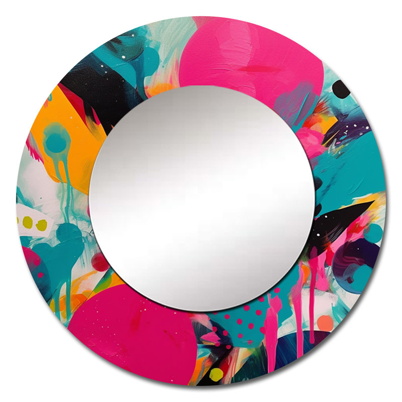 Rose et turquoise abstrait Enigma I - miroir mural abstrait, miroir décoratif rond rose, impression d'art en métal