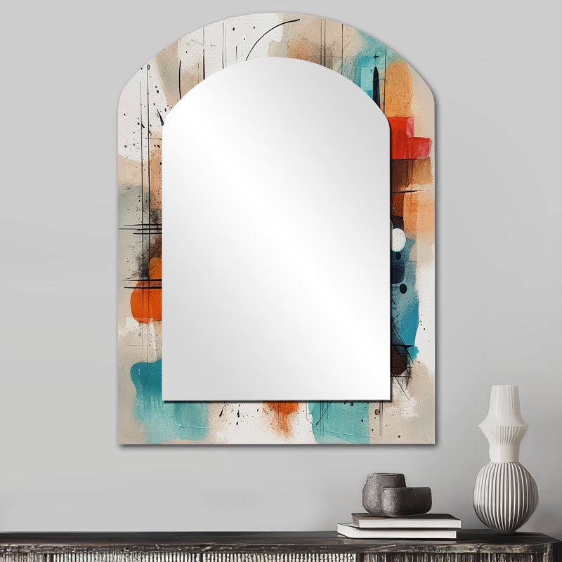 «Orange Abstracted Geometric Explorations III», décor de miroir mural asymétrique géométrique unique, grand miroir en arc orange, impression d'art en métal