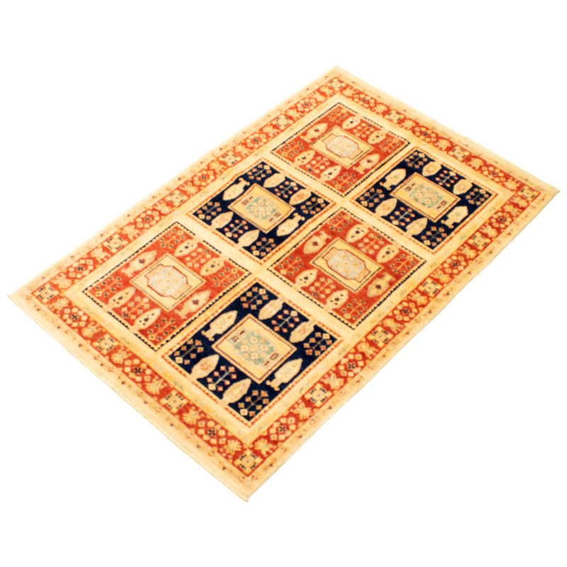 Tapis décoratif en laine de conception unique 4 pi x 6 pi 4 po noué à la main New Age/beige/noir