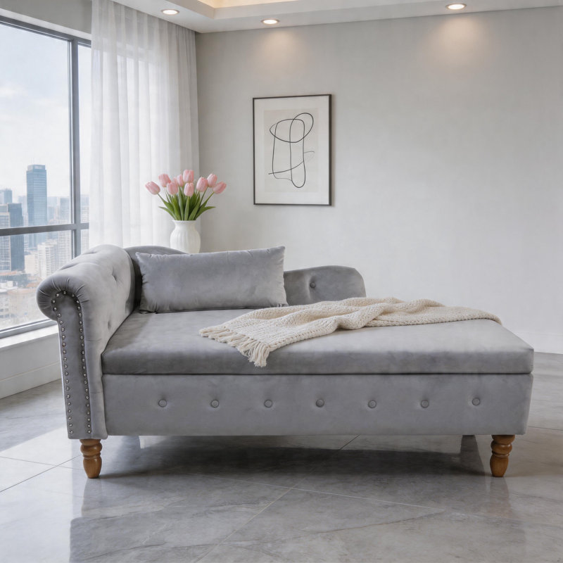 Chaise longue en velours avec accoudoirs roulés, Gris