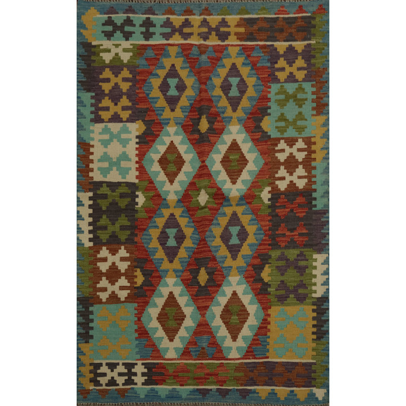 Tapis dynamique multicolore kilim 3 x 5 avec motifs hypnotisants