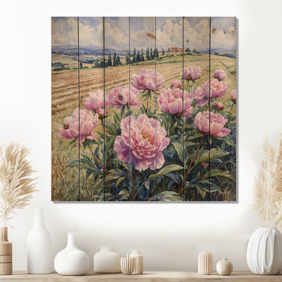 Pivoines par le champ de récoltes I - Décoration murale en bois de pivoines - sur bois de pin naturel