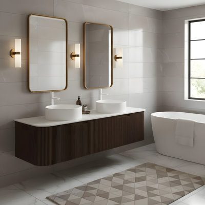 Meuble-lavabo flottant mural 60 po avec 2 lavabos ronds blancs en céramique et 2 tiroirs