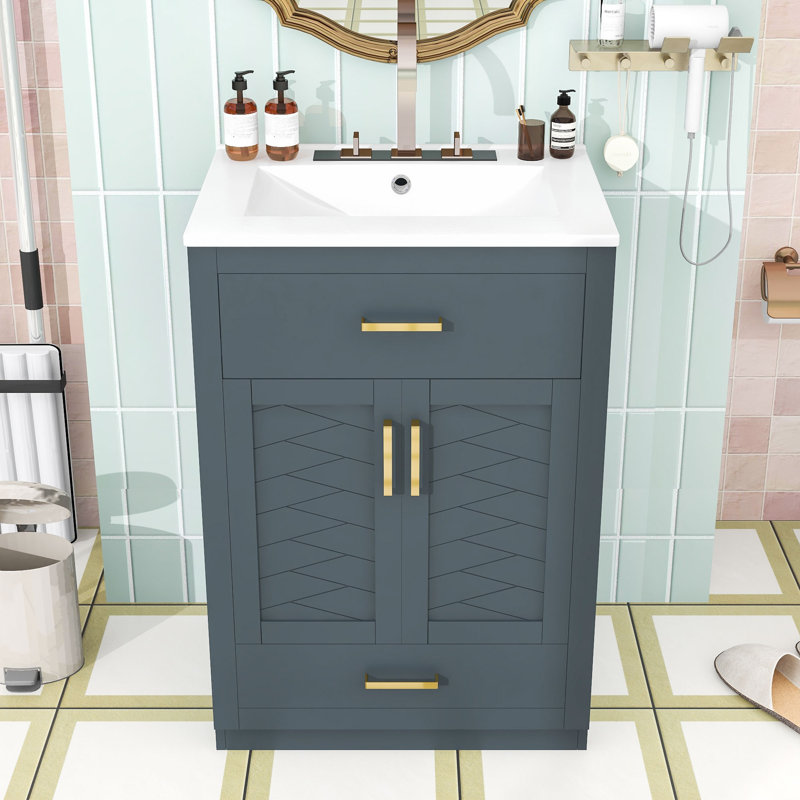 Meuble-lavabo de salle de bain avec lavabo en céramique, tiroir coulissant et grand tiroir de rangement, Bleu