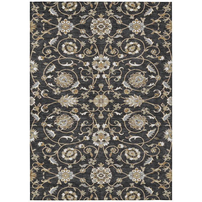 Black and Beige Rectangular Washable Synthetic Rug