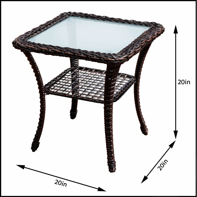 Table d'appoint d'extérieur en résine tressée résistante aux intempéries, avec plateau en verre et structure en acier, idéale pour une utilisation en terrasse ou à l'intérieur, 51 x 51 x 51 cm