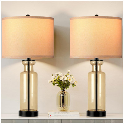 Ensemble de 3 lampes de table à température de couleur de 3 avec ports USB C et A, lampe de table moderne en verre de 27 po pour le salon, lampe de maison de campagne brune avec abat-jour en lin, lampes de chevet pour tables de chevet (ampoules incluses