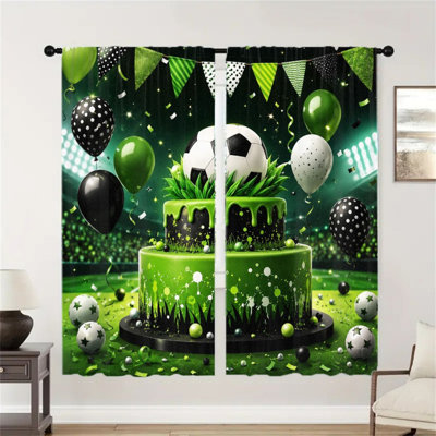 2 pièces rideaux de fête de football, gâteau d'anniversaire vert festif avec ballons, coupe du monde de soccer, décor pour le salon, le jardin potager, rideaux décoratifs pour fenêtre de jeu, filtrage de la lumière