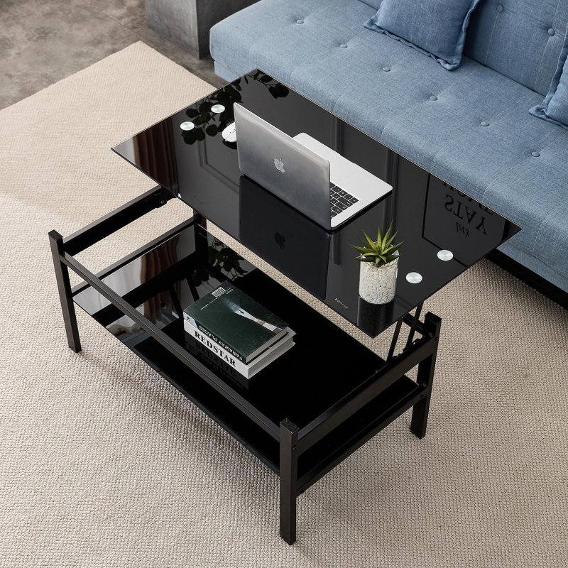 Table basse à plateau relevable en verre, table basse moderne simple en verre trempé 2 couches pour le salon, noir