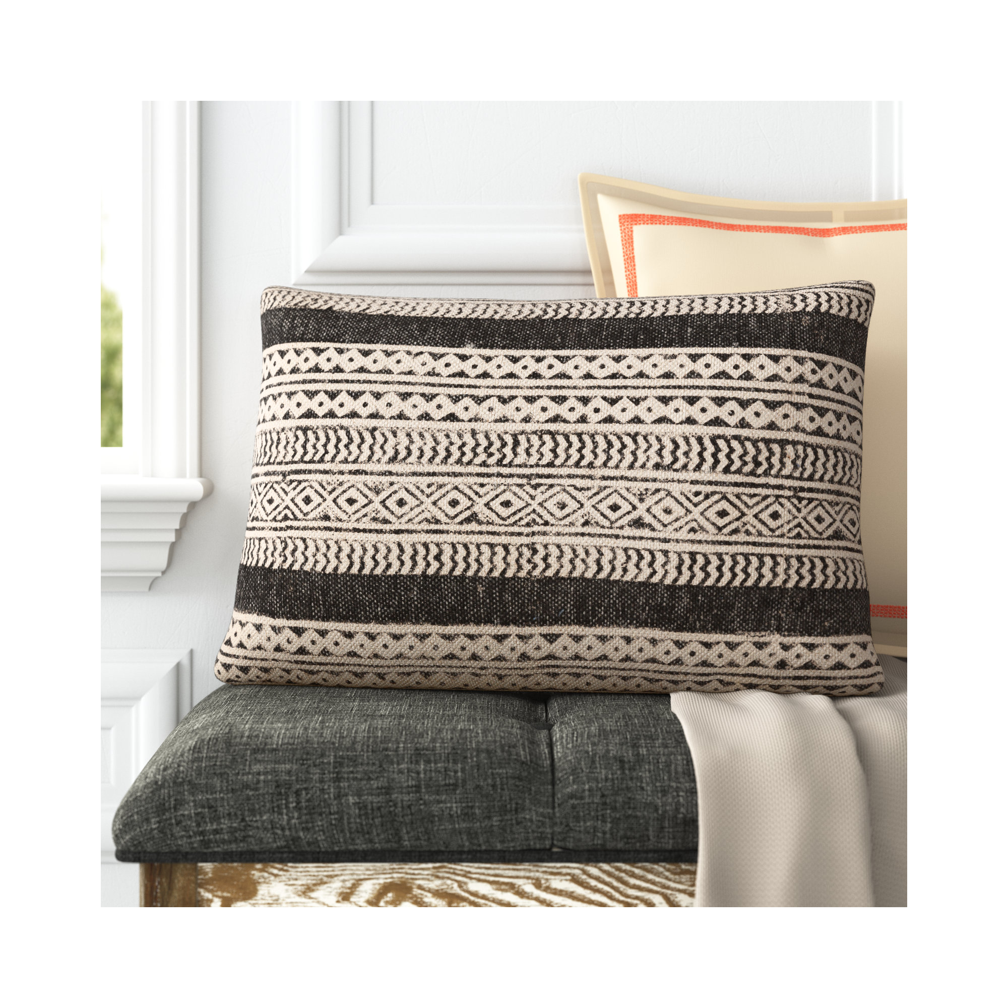 Zetta Geometric Cotton Throw Pillow, 14" x 22", Beige/Black, Polyester/Polyfill