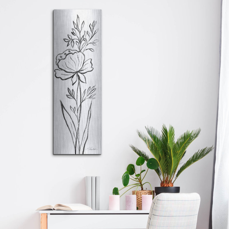 Art mural en métal luxueux «Black Floral 3» par Silvia Vassileva, 12 po x 36 po, H 36 po x l 12 po
