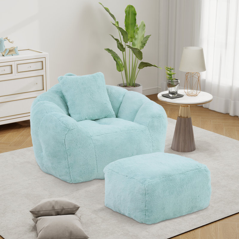 Compression Oversized Bean Bag For Adults And Kids, Faux Fur Large Chair With Filler, Light Blue Faux Fur