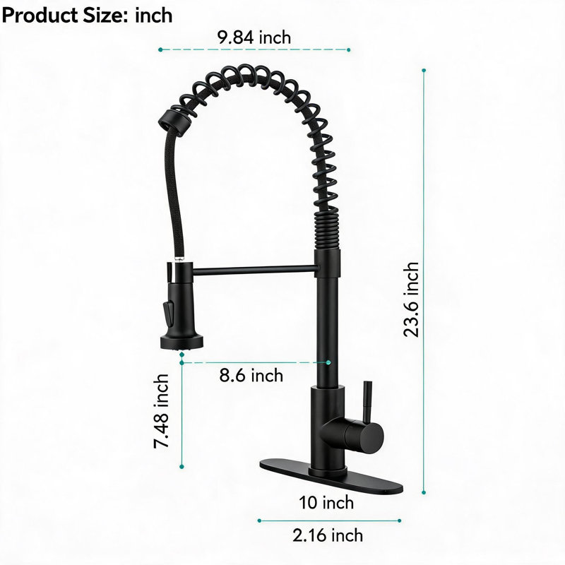 Robinet de cuisine à ressort en acier inoxydable noir mat avec douchette extractible et poignée simple