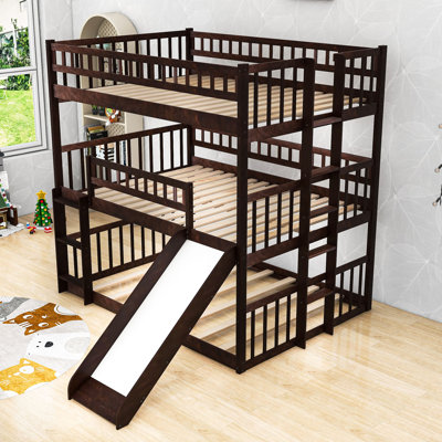 Wood Full Over Full Over Full Triple Bunk Bed With Dual Ladders, Slide And Guardrails, Convertible Design