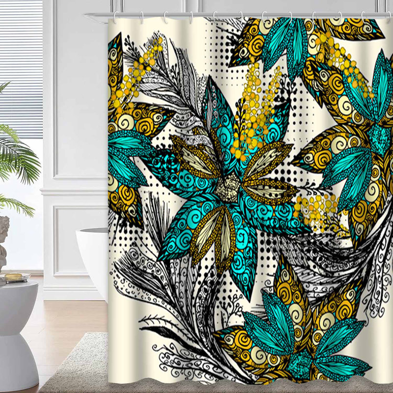 Rideau de douche abstrait à motif floral avec plumes blanches et 12 crochets, L 72 po x l 84 po