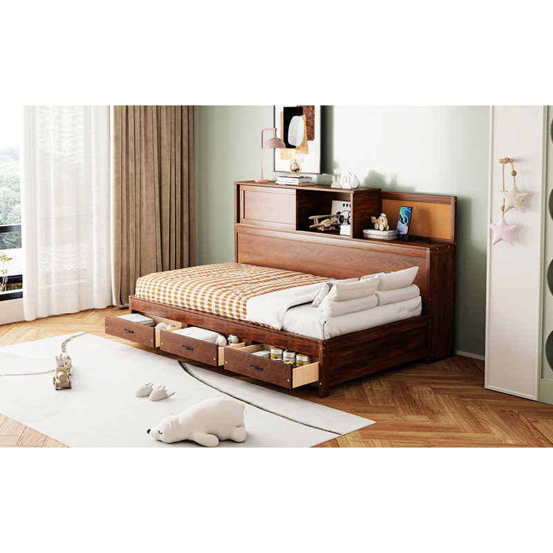 Lit de jour simple en bois noyer avec 3 tiroirs de rangement, tablette, prises et pour espace de vie organisé avec tête de lit