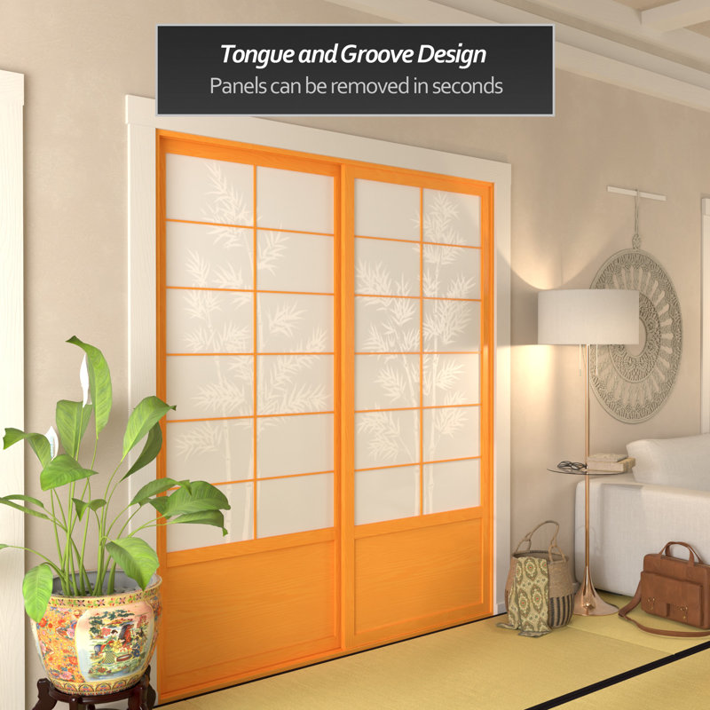 Keir 73.5" W x 83" H  Solid Wood Bamboo Tree Shoji Sliding Double Door Set, Honey