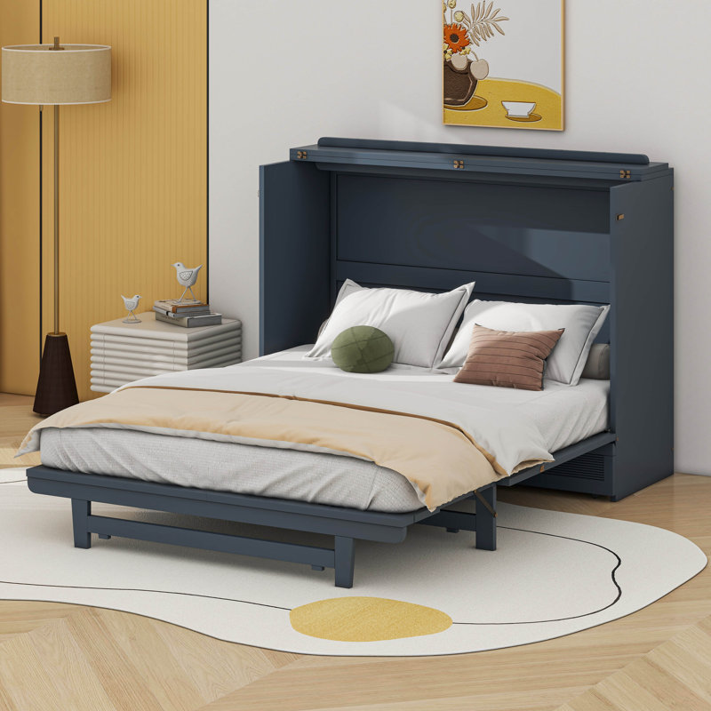 Lit escamotable double avec grand tiroir, ports USB et prises de courant, Bleu