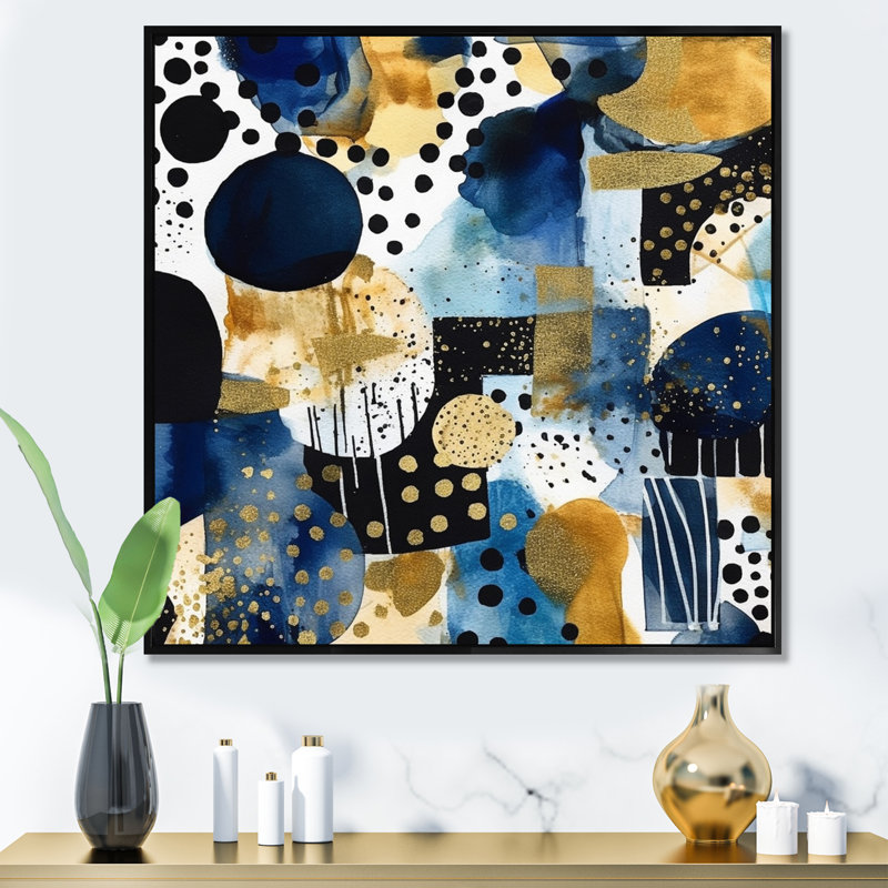 Motif abstrait avec textures bleues et dorées - impression, Cadre flottant noir, H 24 po x l 24 po x P 1 po