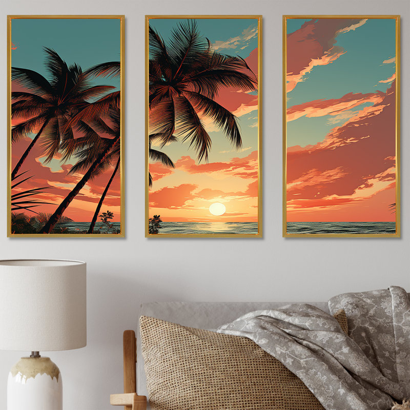 Palmier au coucher du soleil - ensemble d'art mural palmiers et palmiers, Cadre flottant doré, H 32 po x l 48 po x P 1 po
