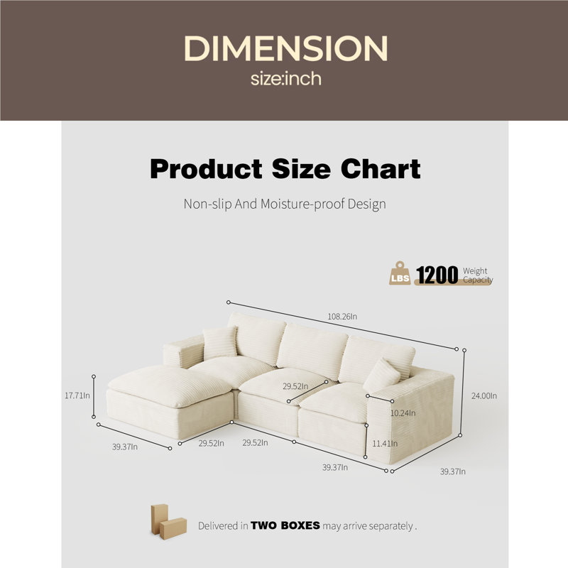 Canapé modulaire 108 po avec méridienne en forme de L, méridienne interchangeable de gauche à droite avec siège profond 108 po, canapé rembourré pour la chambre à coucher du salon, aucun assemblage requis, tissu moelleux en velours côtelé