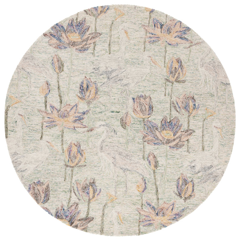 Bovina Tufted Wool/Cotton Performance Floral Rug in Green/Ivory/Yellow, Round 6'