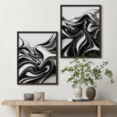 Black and White Marble Waves Framed Print Wall Art Set - 2-Piece Abstract Fluid Pattern Design, Bold Contemporary Artwork for Living Room or Office Decor
