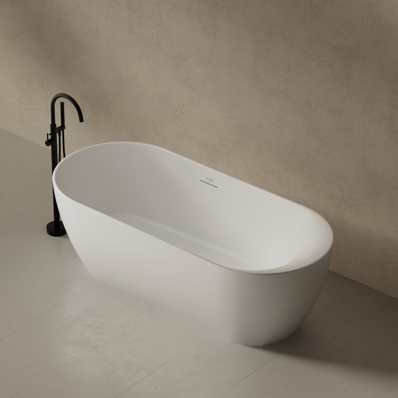 MonBlari 67" X 29.5" Freestanding White Soaking Solid Surface Bathtub with Overflow and Pop-up Drain For Bathroom
