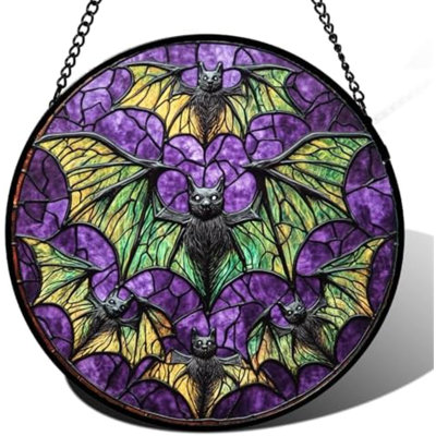 Stained Glass Window Hanging - Halloween Decorations Bats Suncatcher For Doors Garden Indoor Spooky Funny Purple Sun Catchers Gothic Decor Horror Gifts For Women Men Friend 6.3 In
