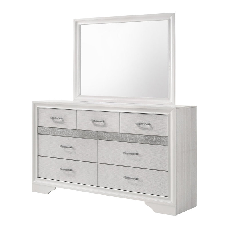Commode 7 tiroirs avec miroir blanc, Blanc
