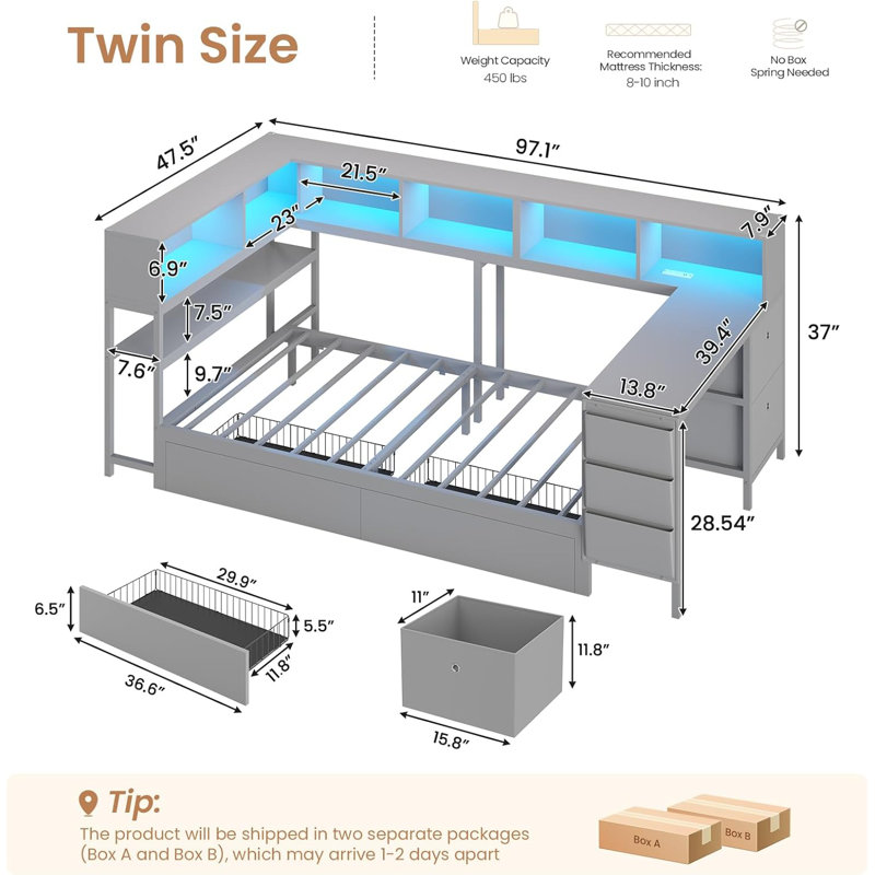 Twin Corner Bed With Bookcase Shelves And 2 Large Drawers,Twin Daybed With Led Lights And Charging Station,Corner Bed Frame With 39.4"L Desk,2 Fabric Drawers & Side Storage Bag ,No Box Spring,Grey