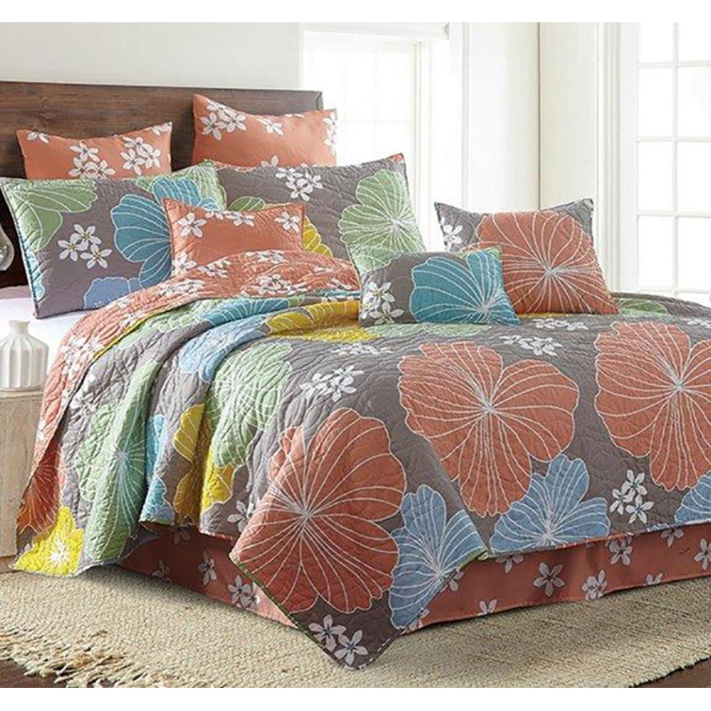 Ensemble de courtepointe 3 pièces à motif floral orange Alleman, Courtepointe très grand + 2 taies décoratives