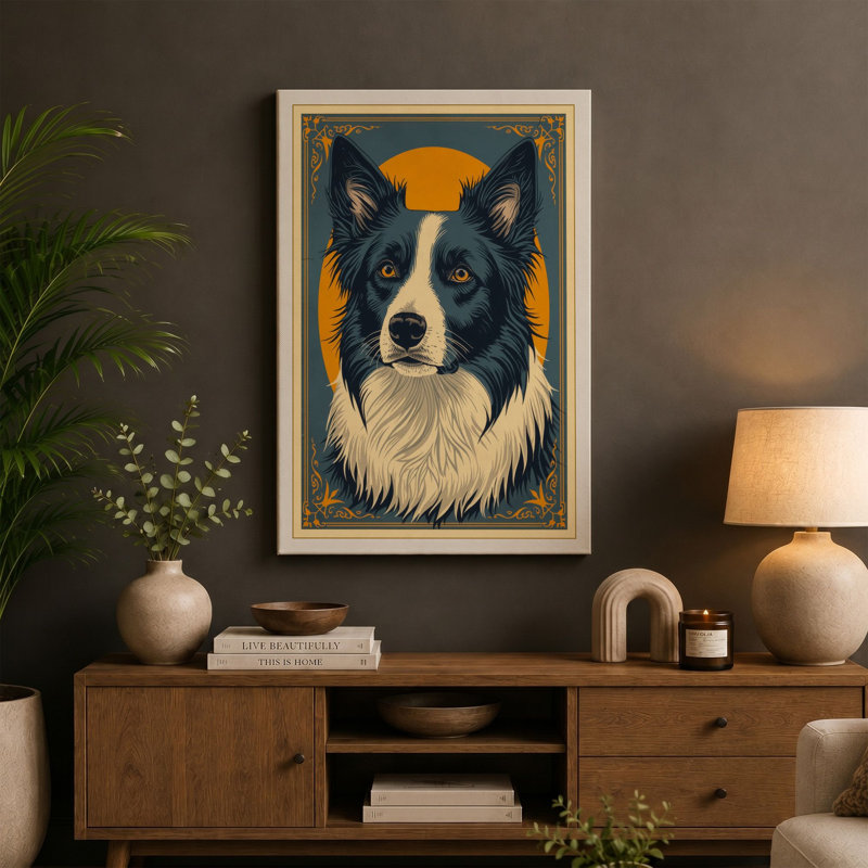 Border Collie Portrait Retro - Wrapped Canvas, 18x12 - 45.7 x 30.5 cm, Black Border