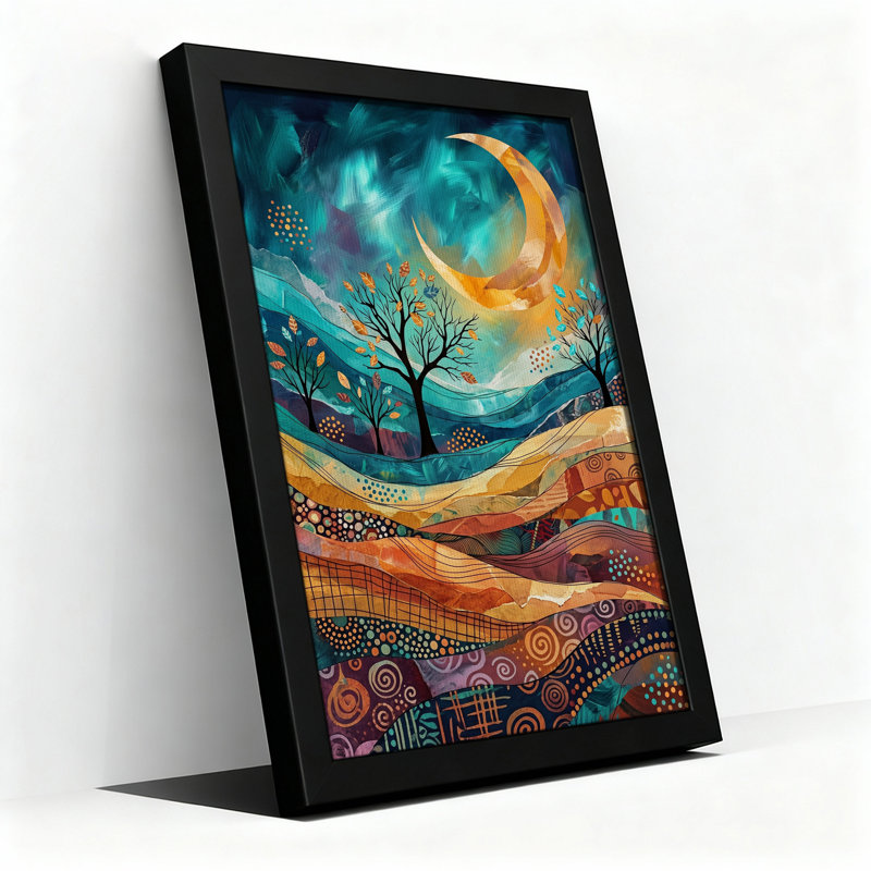 «Teal and Orange Crescent Moon», art mural sur toile, H 36 po x l 24 po