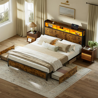 3 Piece Bedroom Sets,Modern Bed With 2 Drawers & 2  Slanted Nightstand