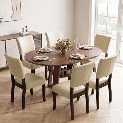 Ameeria  Extendable Round Dining Room Set With Upholstered Chairs, Kitchen Table And Chairs With Built-In Storage Base, Space-Saving Wooden Dining Set For Home