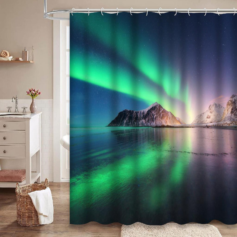 Northern Lights Norway Green Starry Sky Shower Curtain with 12 Hooks, L 72 po x l 78 po
