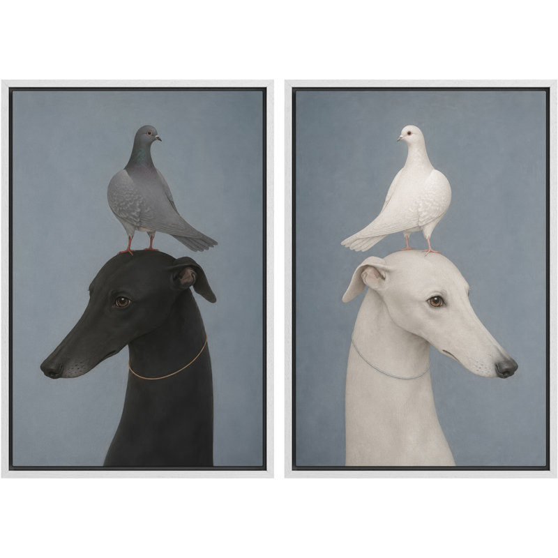 Tableau encadré représentant un lévrier noir et blanc avec un pigeon, à accrocher dans la chambre principale (2 pièces).
