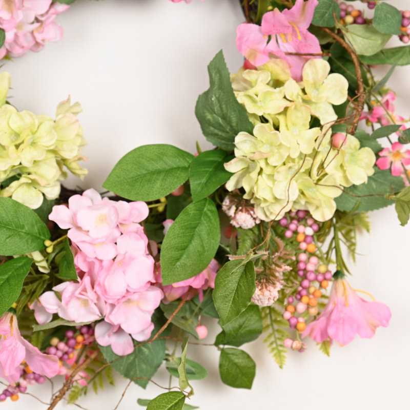 Couronne de fleurs artificielle 24 po pour jardin d'été, printemps, été, verdure, baies et hortensia