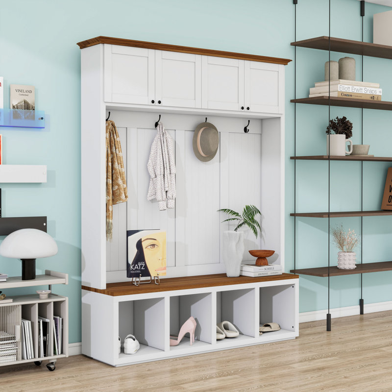 Hall Tree with Storage Bench, 4 Cabinets, 4 Open Compartments and 4 Hooks, White