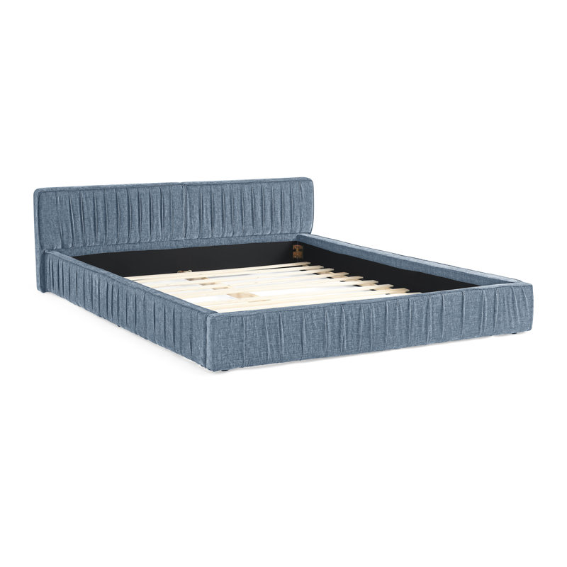 Structure de lit grand format avec revêtement en chenille bleue, conception à plis manuels, tête de lit, panneau de particules robuste, sans sommier, taille de repos confortable, lit, bleu, tissu, structure solide, confort