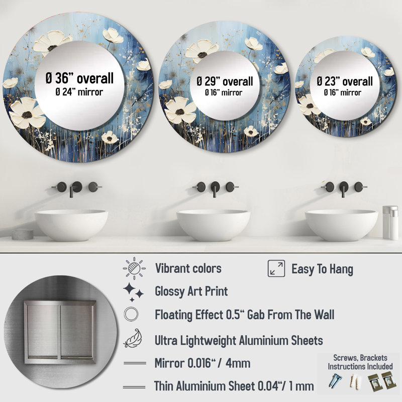 white and blue Fields of Wildflower Beauty - Wildflowers Mirror, White Round Decorative Wall Mirror, Printed Metal Art