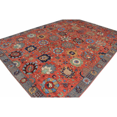 Tapis unique rouge, bleu, olive et gris de 10 pi x 13 pi 11 po